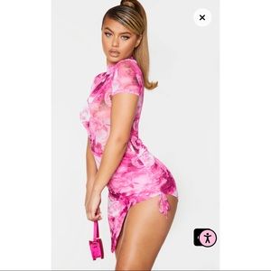 Pink mesh short sleeve side split dress